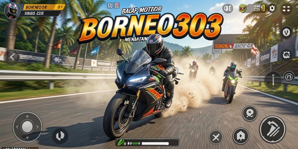 Gameplay seru BORNEO303 dengan balapan motor yang mendebarkan.