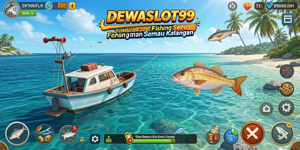 Screenshot gameplay DEWASLOT99 menunjukkan aksi memancing seru di lautan yang indah.