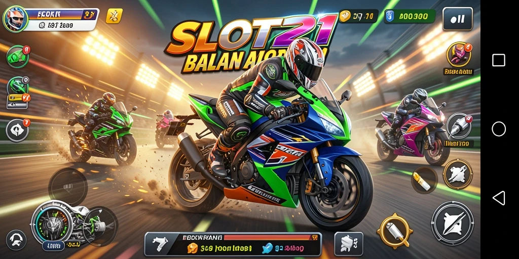 Tangkapan layar SLOT21 menampilkan balapan motor yang menegangkan.